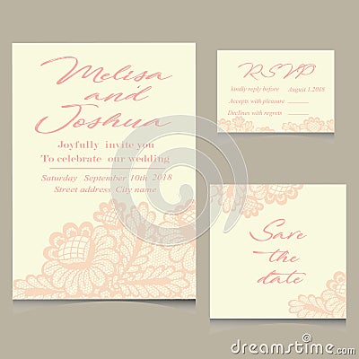 Templates of invitation lace cards for wedding Vector Illustration