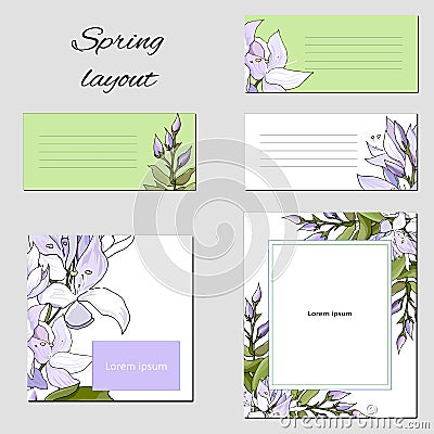 Templates for text and for corporate identity, floral bookmarks and business cards. Violet flowers on a white background. For Vector Illustration