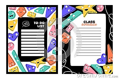 Templates of to do list, planner with pattern of geometric shapes with faces. Design of checklist, sheet of notes, todo Vector Illustration