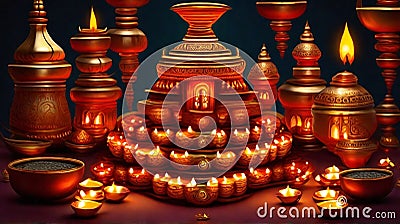 Temple Adorned with Diwali Lamps Stock Photo