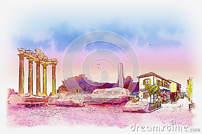 Temple of Apollo in Side Town of Antalya Province, Turkey. Watercolor sketch Stock Photo