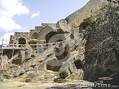 The temple complex of the David Gareji Lavra, the place of residence of the monks, is hollowed out in soft rock Stock Photo