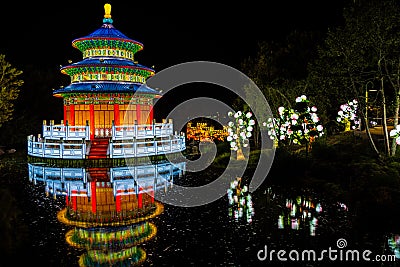 Chinese â€œTemple of Heavenâ€ Pagoda at Gilroy Gardens Illumination Show Stock Photo