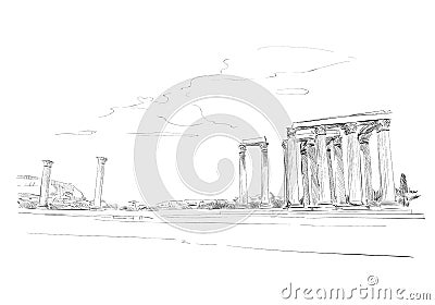 Temple of Olympian Zeus. Athens. Greece. Hand drawn sketch. Vector illustration. Vector Illustration