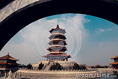The temple in the Penglai pavilion under the arch, Yantai, Shandong, China. Blue sky, copy space for text Stock Photo