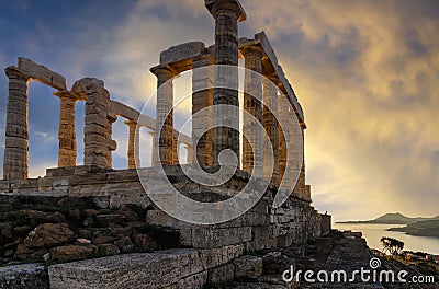 Temple of Poseidon at Cape Sounion, Attica / Greece. One of the Twelve Olympian Gods in ancient Greek religion and myth. He was go Stock Photo