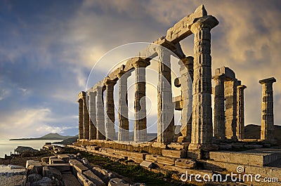 Temple of Poseidon at Cape Sounion, Attica / Greece. One of the Twelve Olympian Gods in ancient Greek religion and myth. He was go Stock Photo