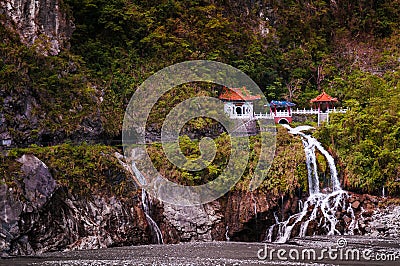 Temple, River and waterfall at Toroko Gorge, Hualien, Taiwan Stock Photo