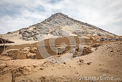 Temple of the Sun (Huaca del Sol). Large historic adobe temple from the Moche culture Stock Photo