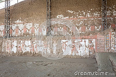 Temple of the Sun (Huaca del Sol). Large historic adobe temple from the Moche culture located close to Trujillo in Peru. Stock Photo