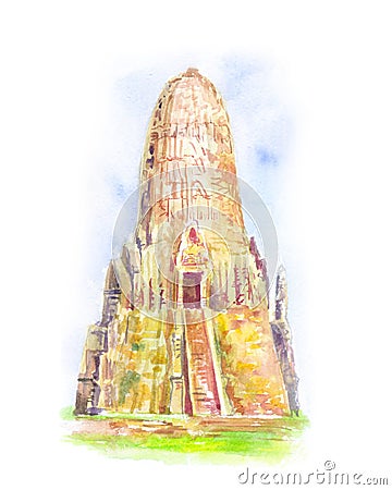 Temple in Thailand. Ayutthaya. The Buddhist stupas. Cartoon Illustration