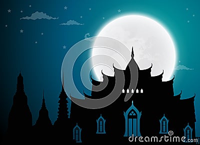 Temple Thailand Landmarks and Silhouette, full moon Vector Illustration