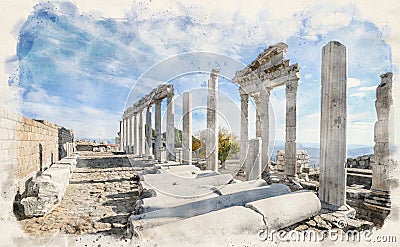 Temple of Trajan at Acropolis of Pergamon in Bergama, Izmir, Turkey Cartoon Illustration