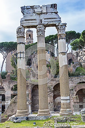 Temple of Vespasian Corinthian Columns Roman Forum Rome Italy Stock Photo