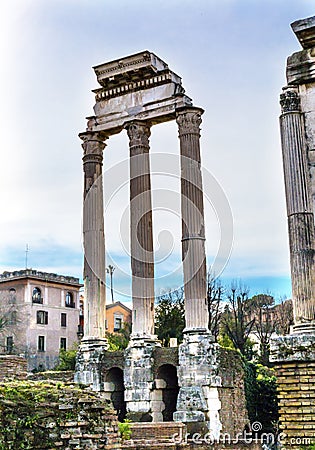 Temple of Vespasian Corinthian Columns Roman Forum Rome Italy Stock Photo