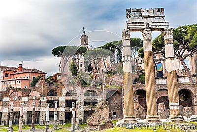 Temple of Vespasian Corinthian Columns Roman Forum Rome Italy Stock Photo