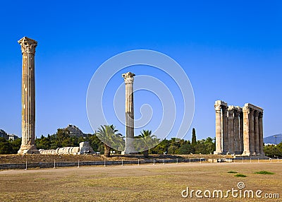 Temple of Zeus and Lycabettus hill at Athens Stock Photo