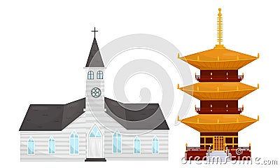 Temples of Different Religion with Catholic Church and Pagoda Vector Set Vector Illustration