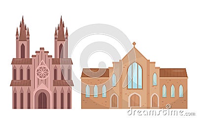 Temples of Different Religion with Catholic Church Vector Set Vector Illustration