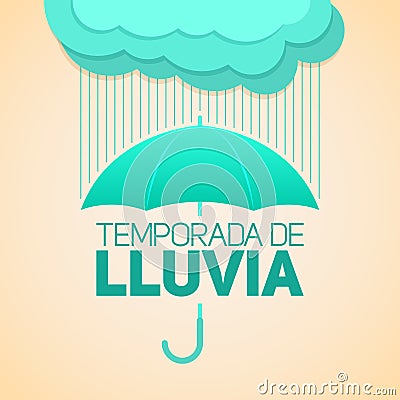 Temporada de lluvia, Rain season spanish text, umbrella with clouds Vector Illustration