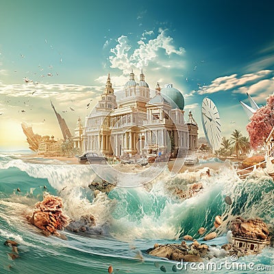 Temporal Tides - Beach where waves carry moments from different eras Stock Photo