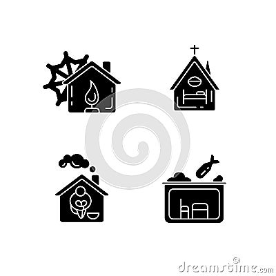 Temporary supportive housing black glyph icons set on white space Vector Illustration