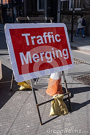 Temporary traffic merging sign Liverpool Merseyside March 2020 Editorial Stock Photo