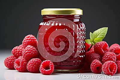 A tempting arrangement of homemade raspberry jam and ripe berries Stock Photo