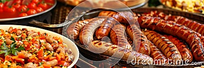 Tempting barbecue feast with golden sausages on a clean table, resembling a vivid photograph. Stock Photo