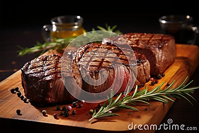 Tempting barbecue grilled beef steak on a wooden cutting board Stock Photo