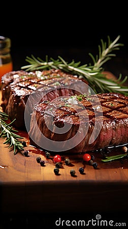 Tempting barbecue grilled beef steak on a wooden cutting board Stock Photo