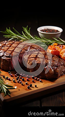 Tempting barbecue grilled beef steak on a wooden cutting board Stock Photo