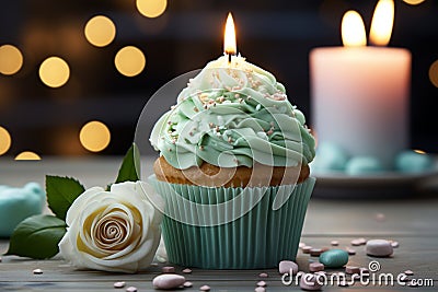 Tempting birthday delight Cupcake, blue candle, heart, cream cheese frosting, crowned with greens Stock Photo