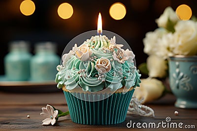 Tempting birthday delight Cupcake, blue candle, heart, cream cheese frosting, crowned with greens Stock Photo