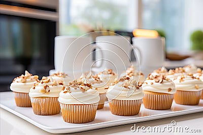 Tempting carrot cake muffins with cream cheese frosting, a delightful dessert concept Stock Photo