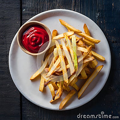 Tempting fries paired perfectly with a basket of ketchup Stock Photo