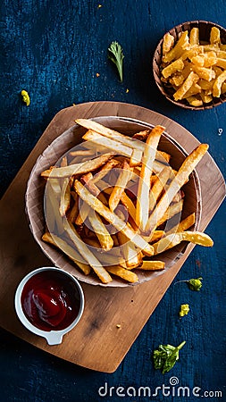 Tempting fries paired perfectly with a basket of ketchup Stock Photo