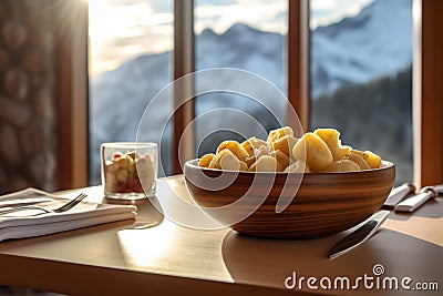 Gnocchi Dish with Dolomites Mountain Range Backdrop Stock Photo