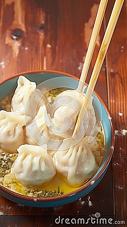 Tempting manti dumplings displayed attractively on rustic wooden backdrop Stock Photo