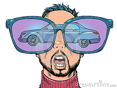 A tempting offer in a car dealership. Huge glasses and reflection in them. A man with glasses looks at the car. Vector Illustration