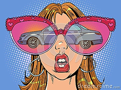 A tempting offer in a car dealership. Huge glasses and reflection in them. A woman with glasses looks at the car. Vector Illustration