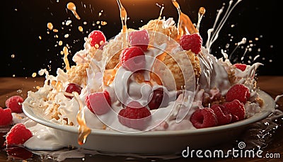 A tempting plate of raspberry cheesecake, a summer birthday celebration generated by AI Stock Photo