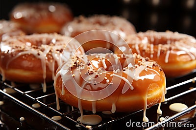 Tempting scene warm glazed donuts on a baking sheet Stock Photo