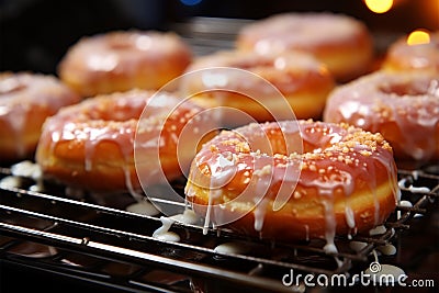 Tempting scene warm glazed donuts on a baking sheet Stock Photo
