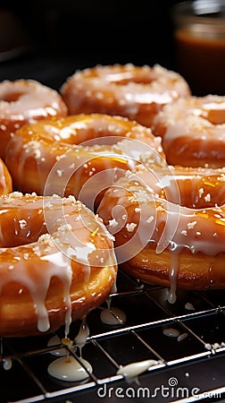 Tempting scene warm glazed donuts on a baking sheet Stock Photo