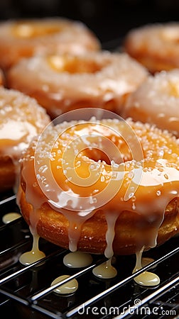 Tempting scene warm glazed donuts on a baking sheet Stock Photo