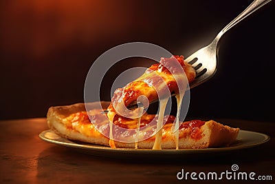 A delicious slice of cheese pizza on a fork Stock Photo