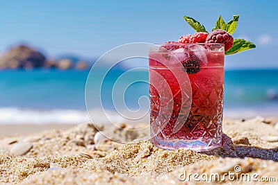 Tempting summer berry cocktail in a pristine clear glass on a radiant sandy beach Stock Photo