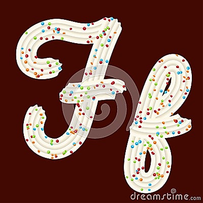 Tempting typography. Font design. 3D letter F of the whipped cream and candy Vector Illustration
