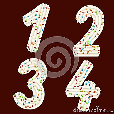 Tempting typography. Font design. 3D numbers one, two, three, four of the whipped cream and candy Vector Illustration